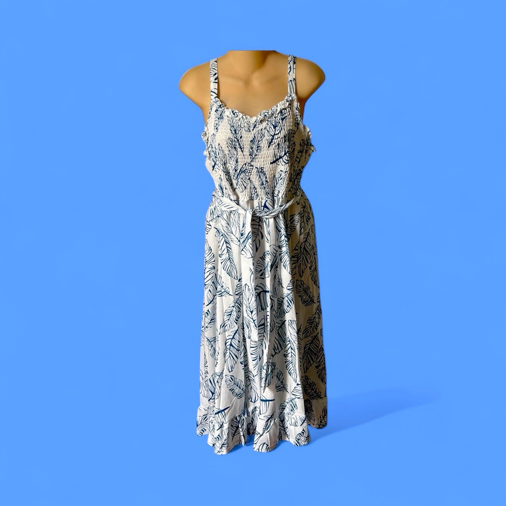 New Blue and White Leaf Print Sun Dress L